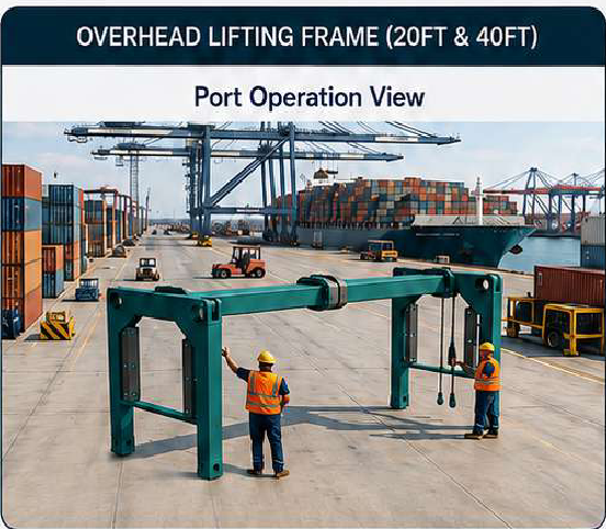 Overhead lifting frame in port operation
